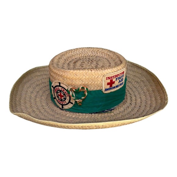 Accessories - VTG Straw Hat w Badges Patches Boy Scouts America BSA RARE First Aid Small Craft